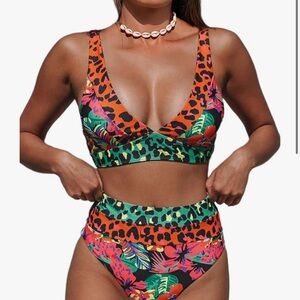 Hilinker Vibrant Leopard and Floral Bikini Set Size Small